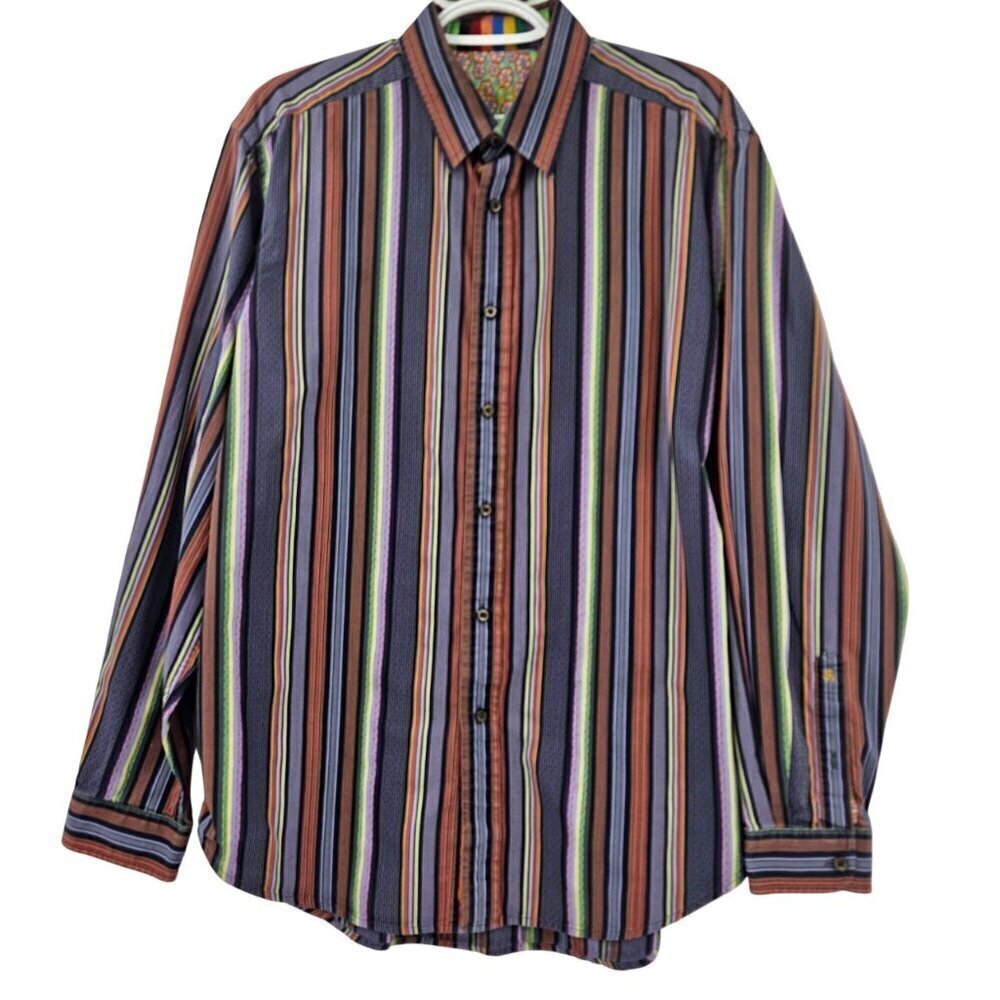 Robert Graham Striped Dress Shirt Multicolor Mens Size L Business Office Career